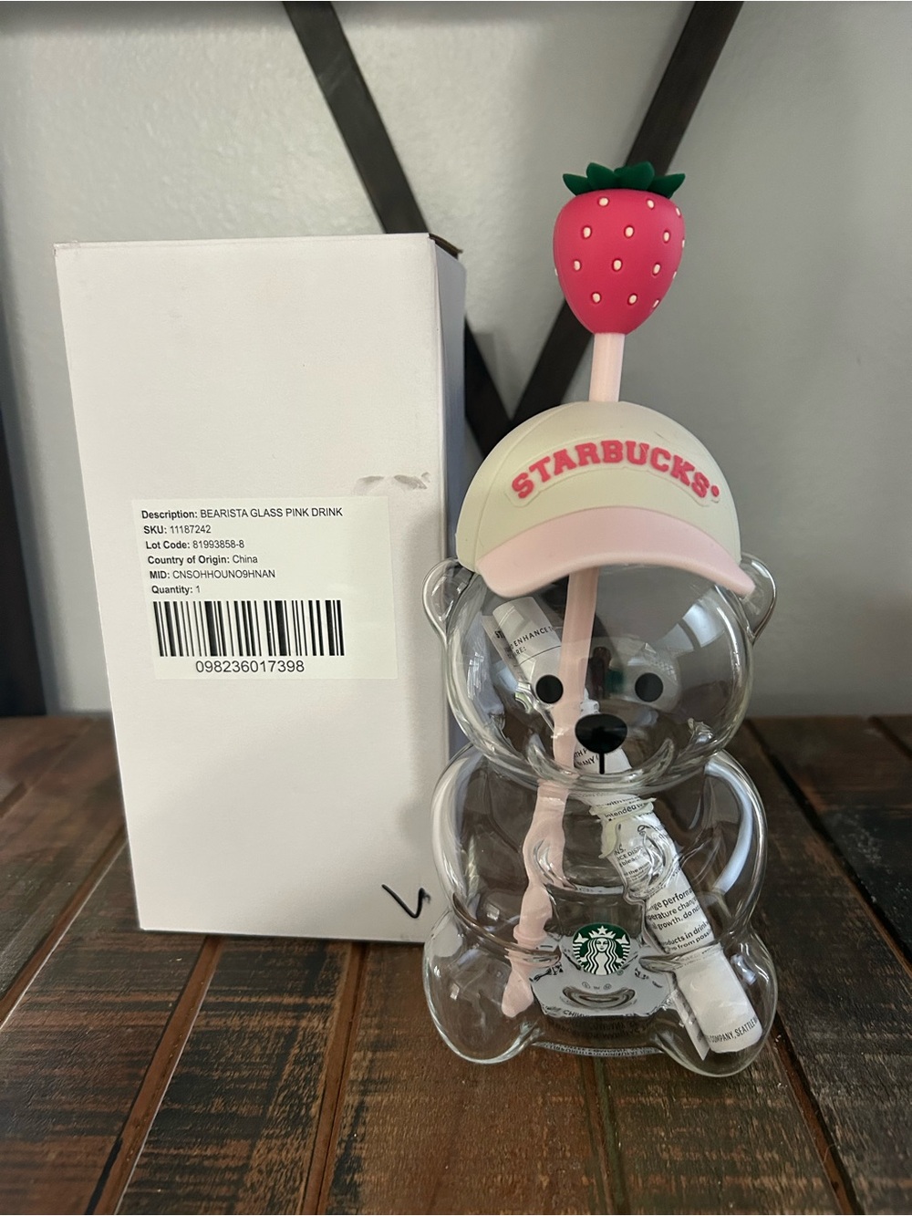 Starbucks Glass Bearista Cold Cup Pink Edition With Strawberry Topper NEW